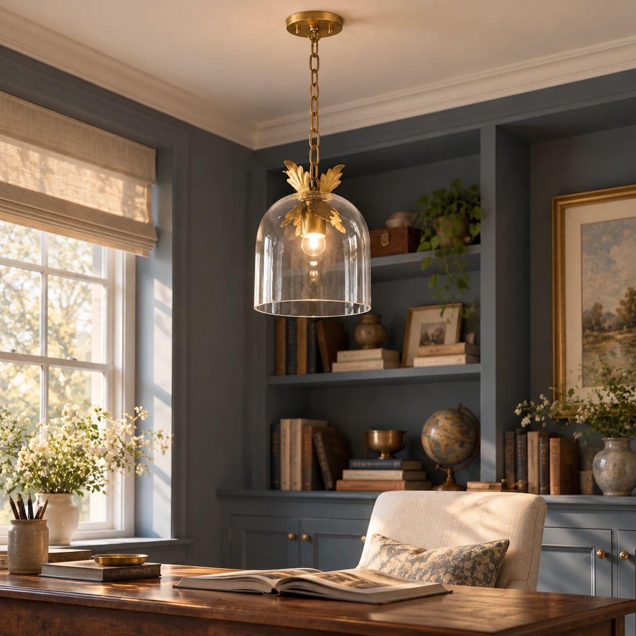 Antique gold leaf trim glass pendant in a study corner