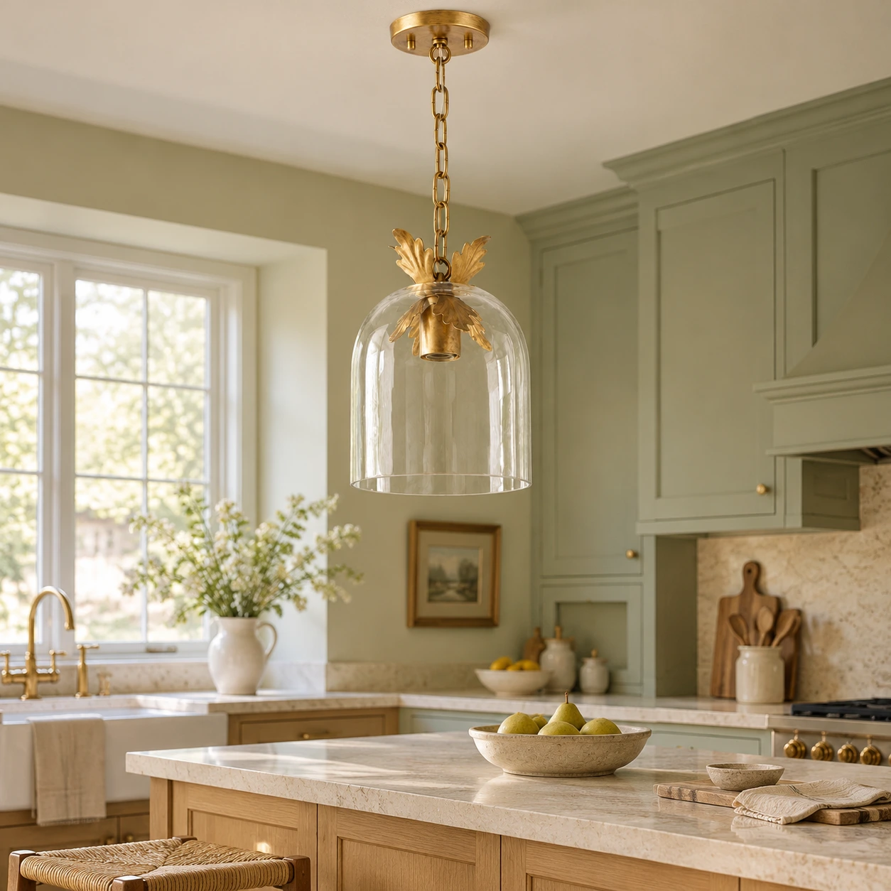 Clear glass pendant with antique gold leaf trim above a kitchen island