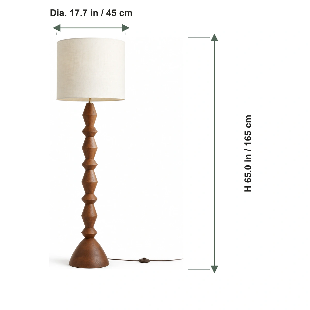 Maya floor lamp dimensions: 17.7 inch diameter and 65 inch overall height