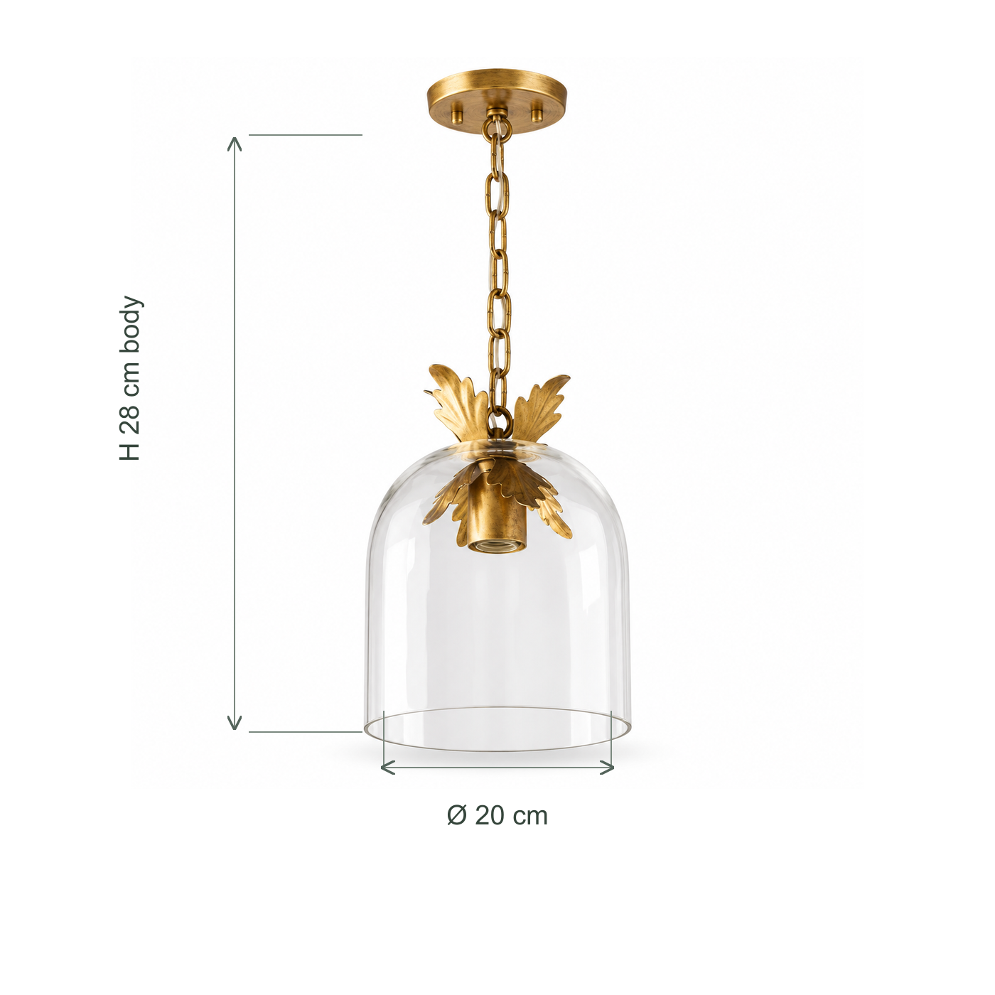 Clear glass pendant dimensions: 20 cm diameter and 28 cm body height excluding chain