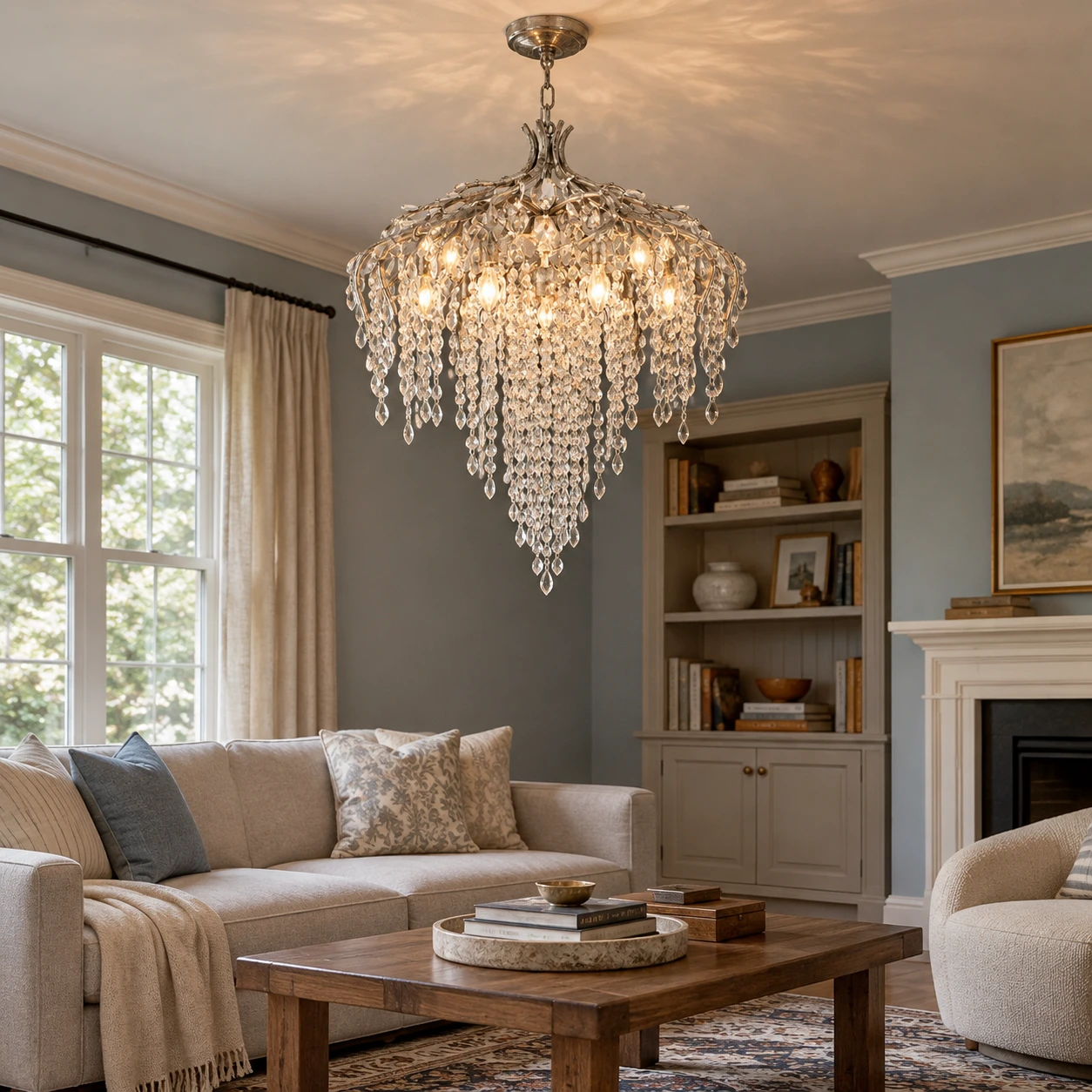 Seraphina crystal cascade chandelier installed in a living room