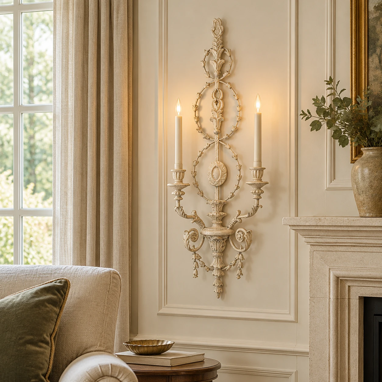 Maren wall sconce installed beside a living room fireplace