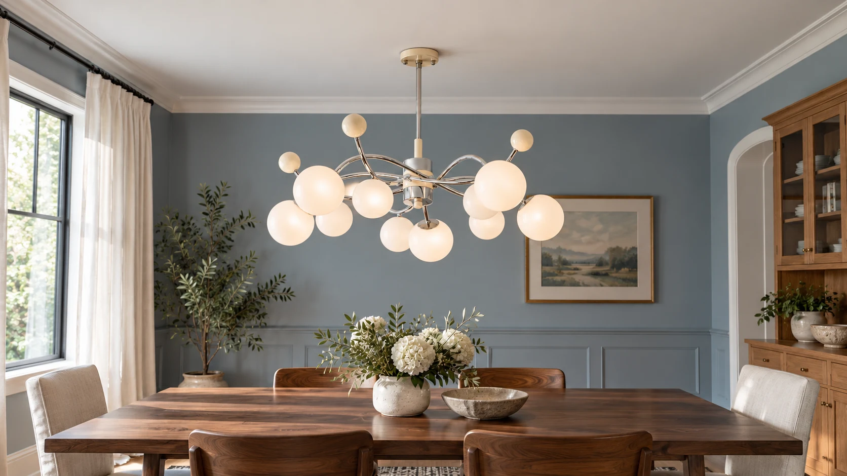 Nora glass globe chandelier centered above a walnut dining table