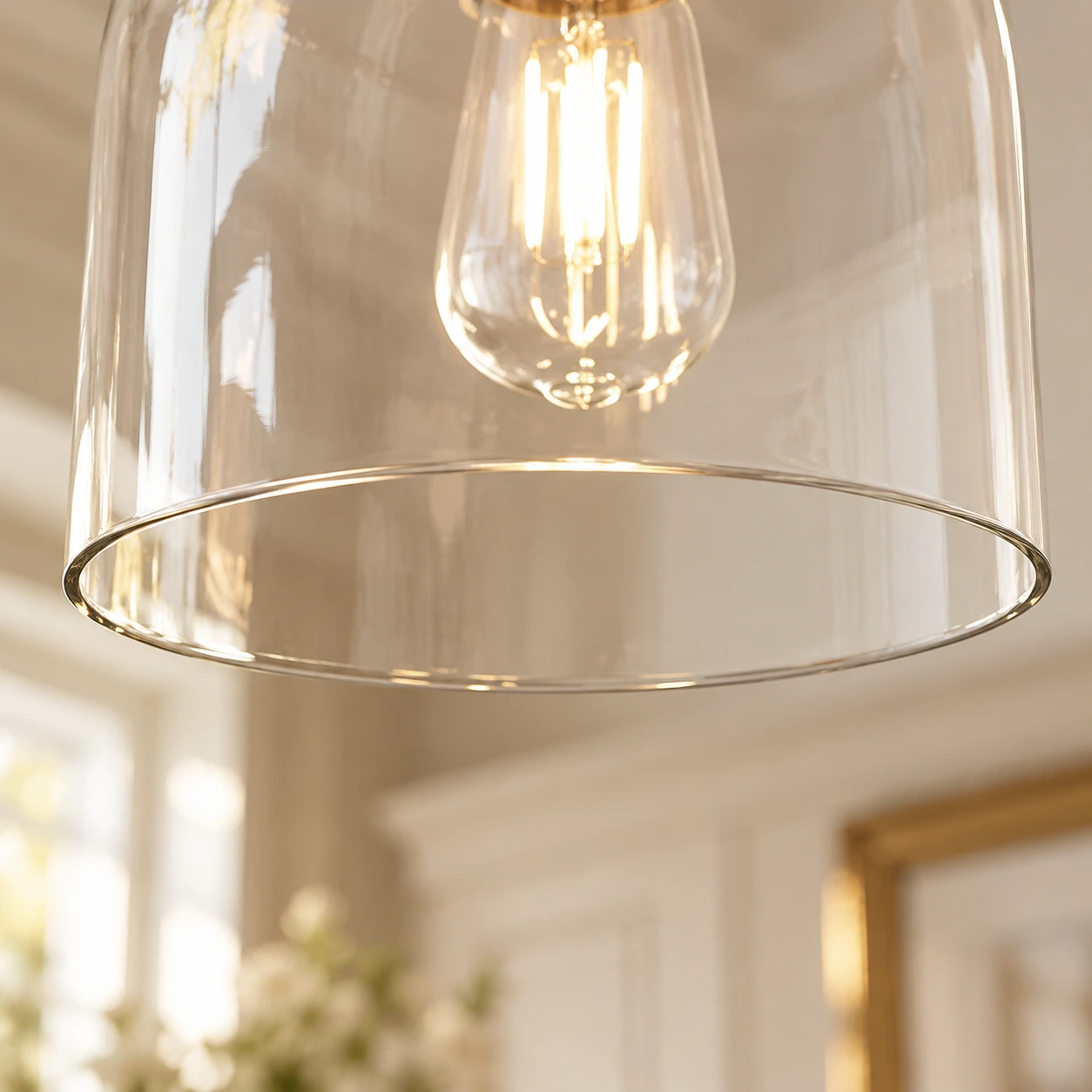 Close detail of clear glass edge, single light position and antique gold fitting