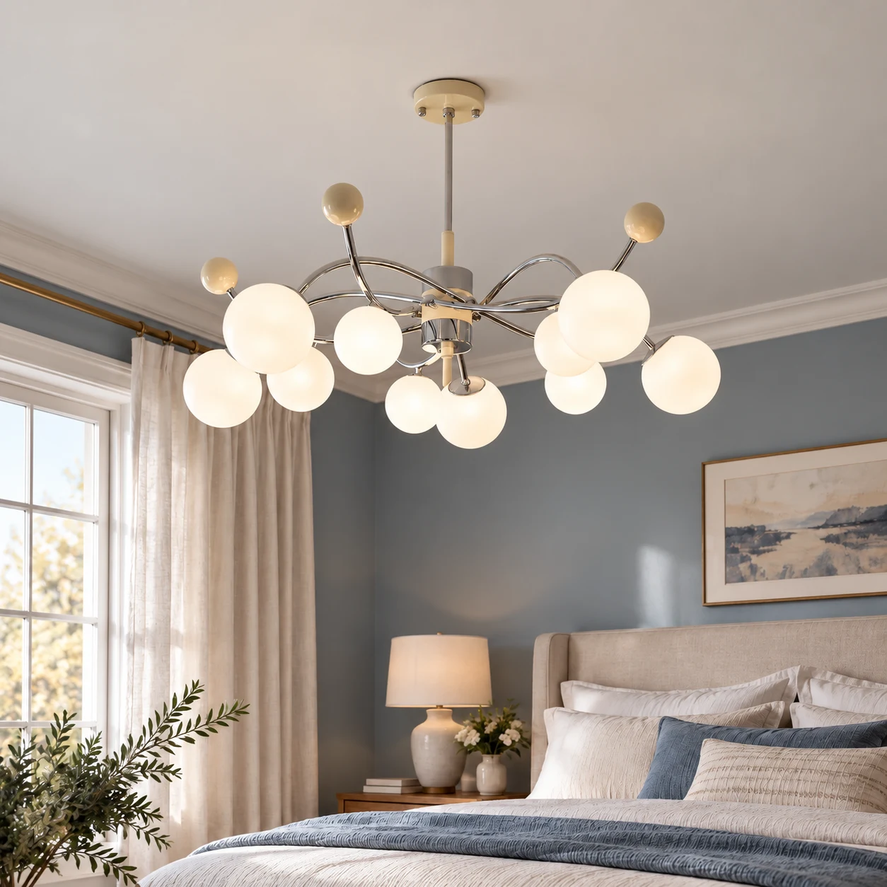 Glass globe chandelier over a bedroom seating space