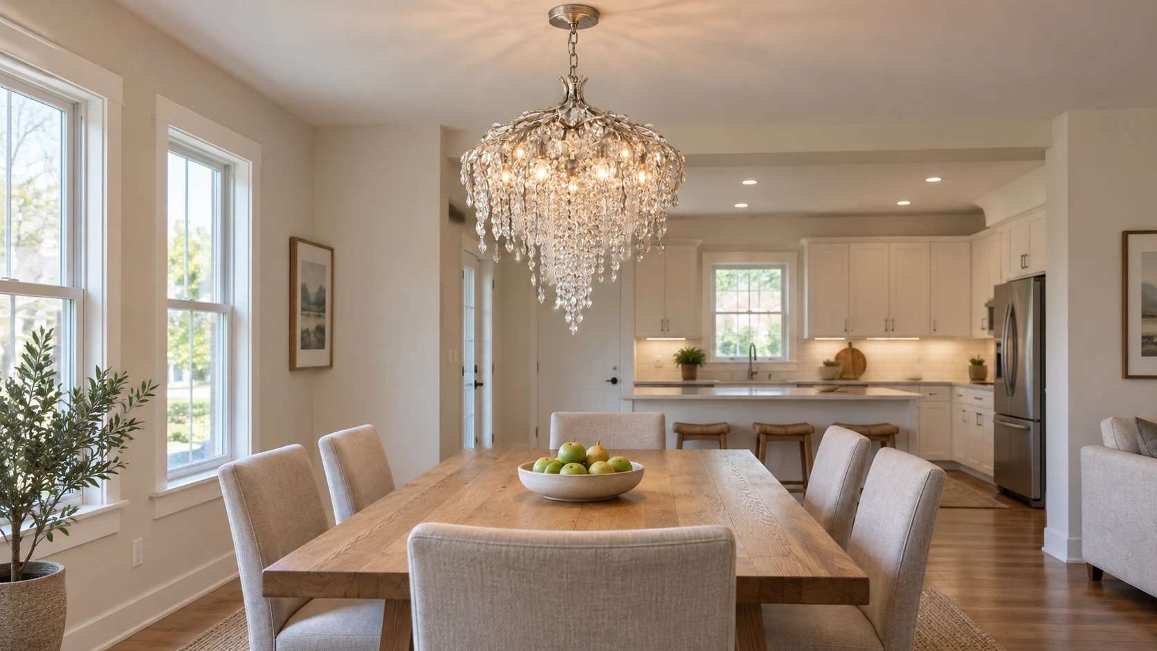 Seraphina crystal cascade chandelier above a family dining table