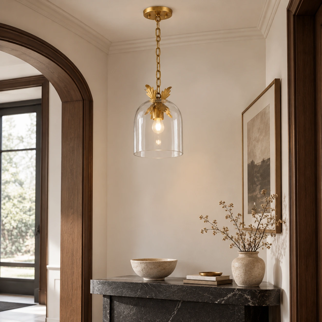 Compact clear glass pendant in an American rustic entryway