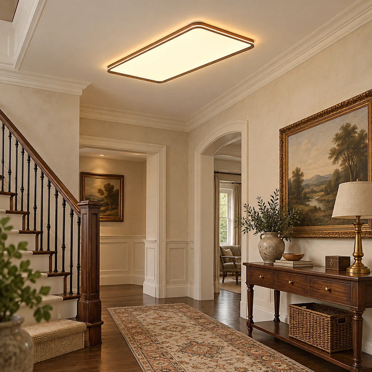Flush mount ceiling light above an American entry console