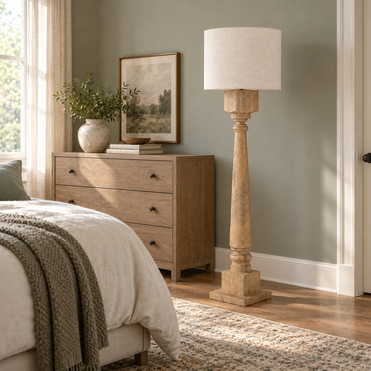 Natural Wood in a bedroom corner beside a dresser