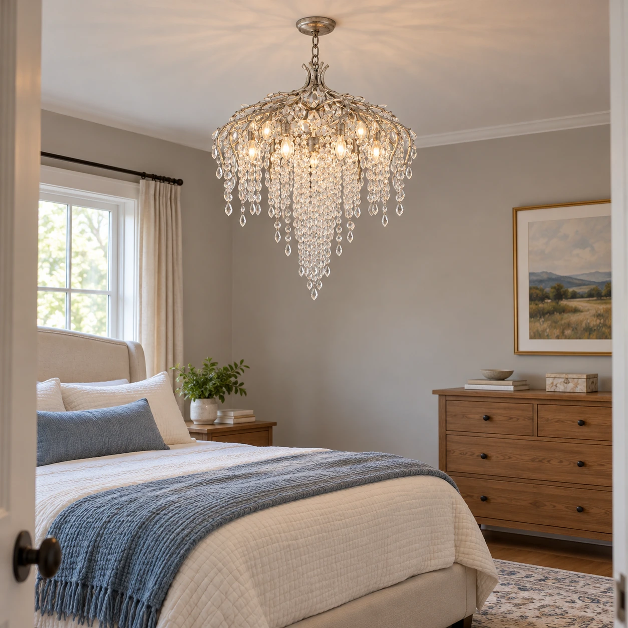 Seraphina crystal cascade chandelier installed in a bedroom sitting area