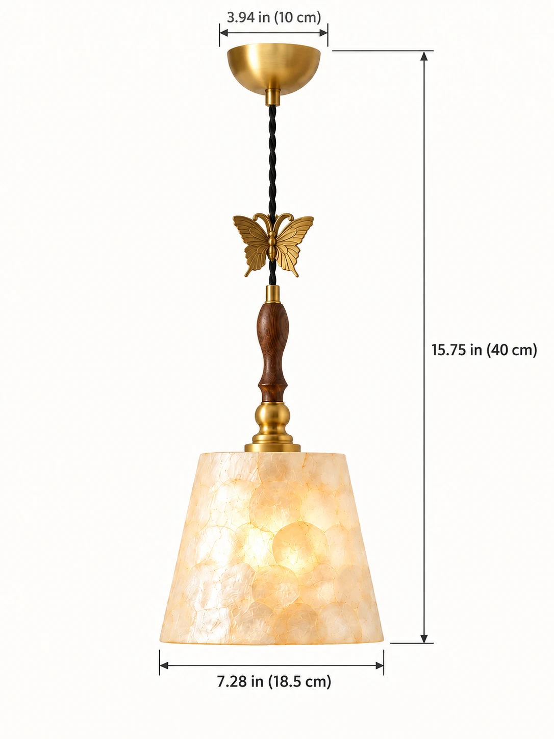 Elena pendant light with canopy diameter, shade diameter, and fixture height