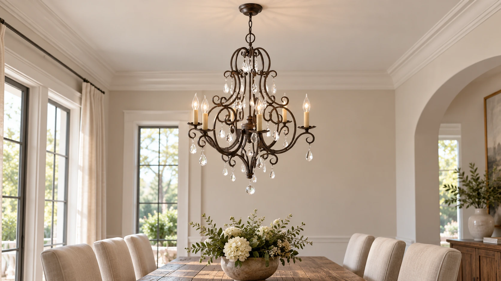 Amelie iron crystal chandelier installed above a dining table
