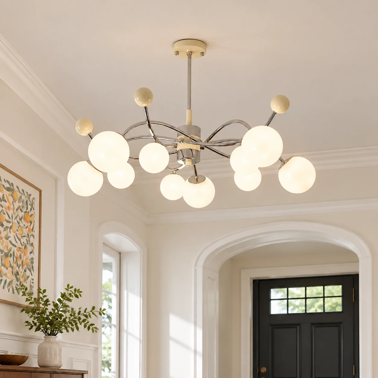 Glass globe chandelier in an entryway