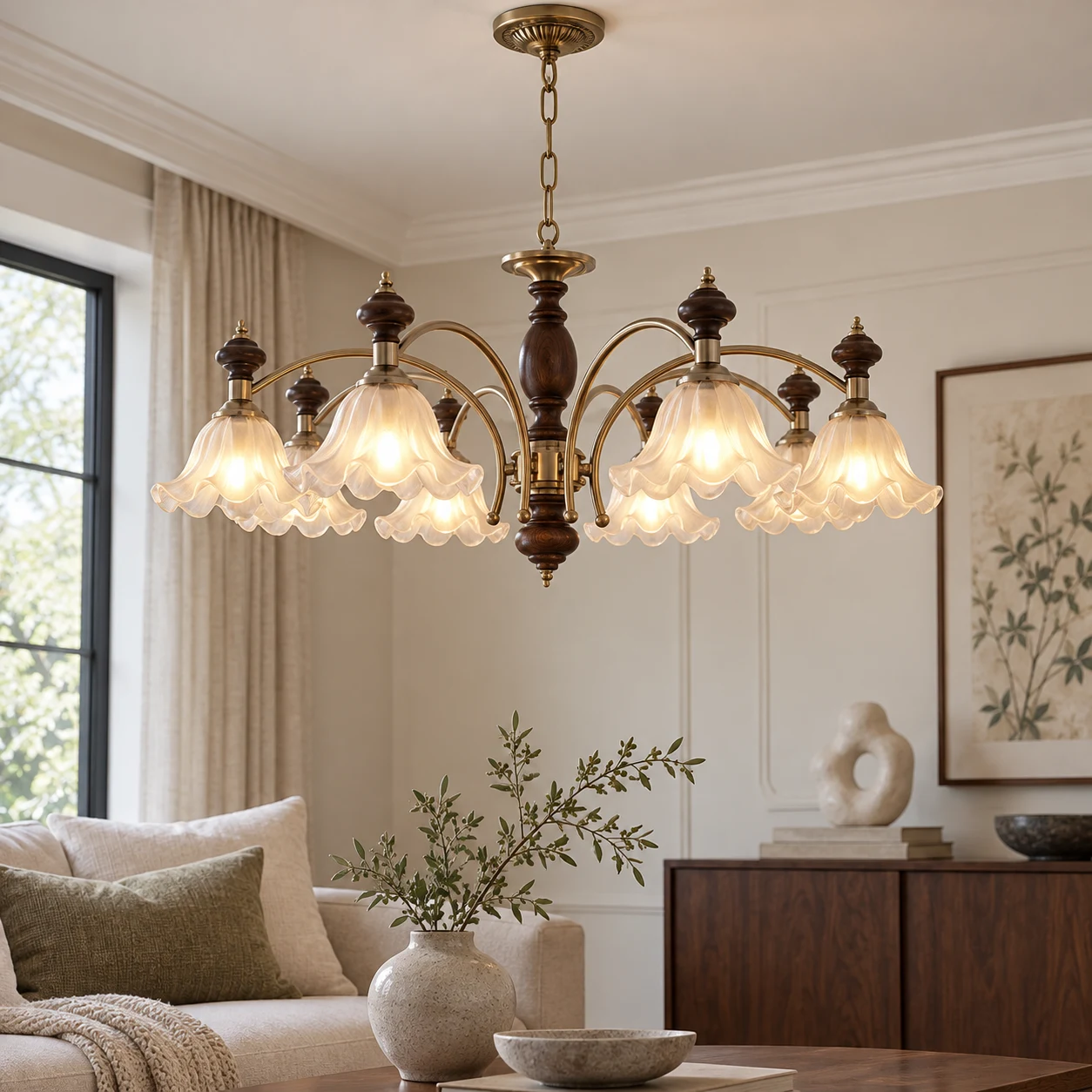 Wood and glass branch chandelier in an American living room
