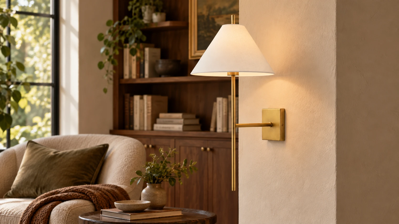Marcel antique brass long-stem wall sconce in a bright reading alcove