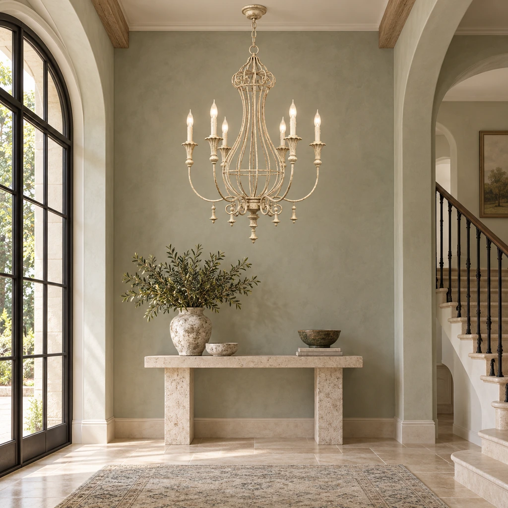 Elowen six-light chandelier in a sage entry hall