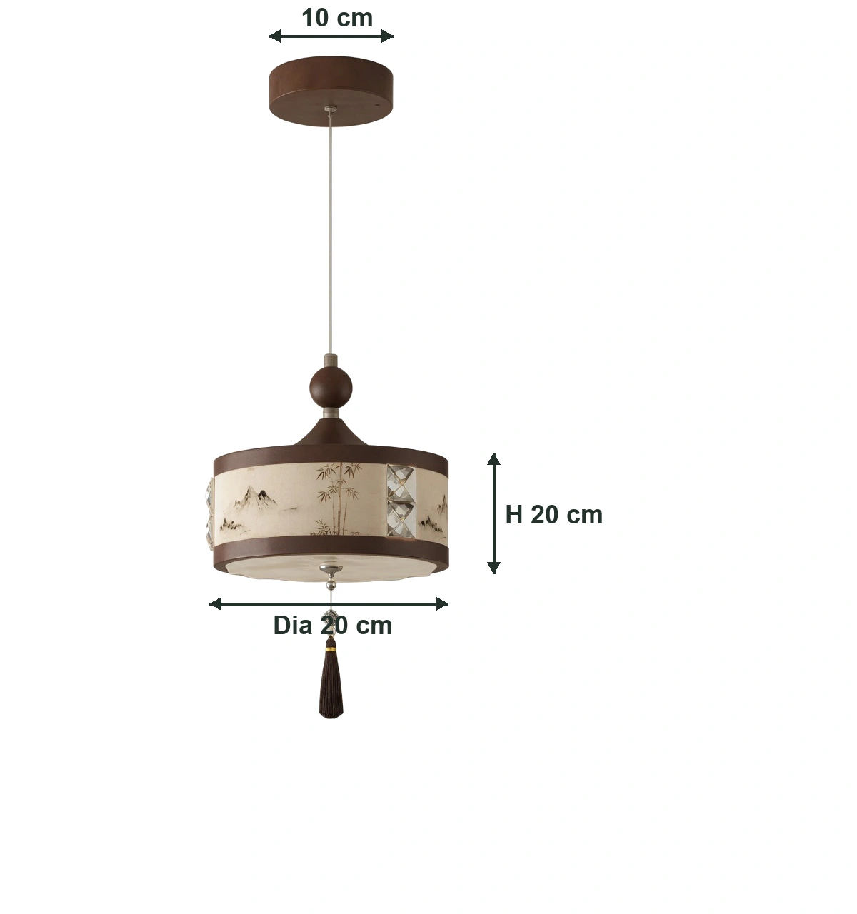 Mini pendant dimensions: canopy diameter 10 cm, shade diameter 20 cm, and shade height 20 cm