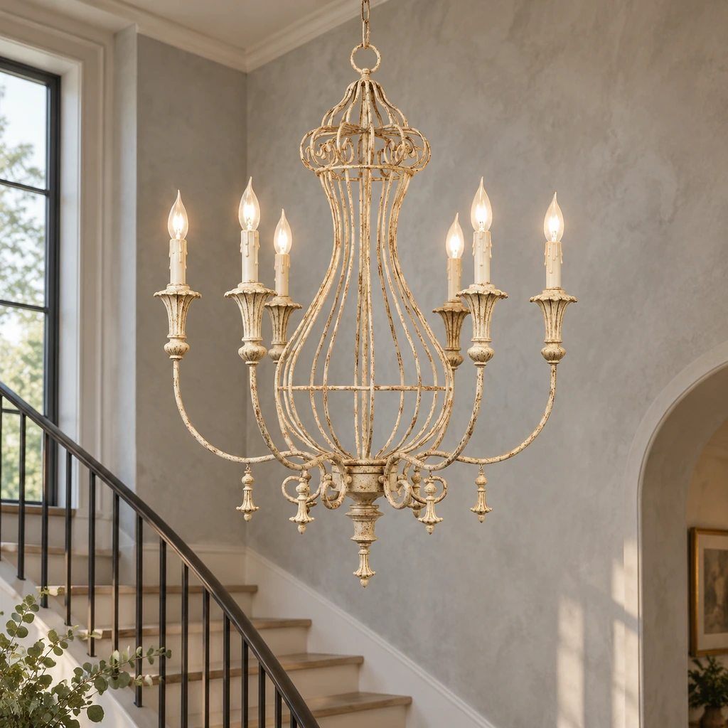 Elowen six-light chandelier suspended high in an open stair void