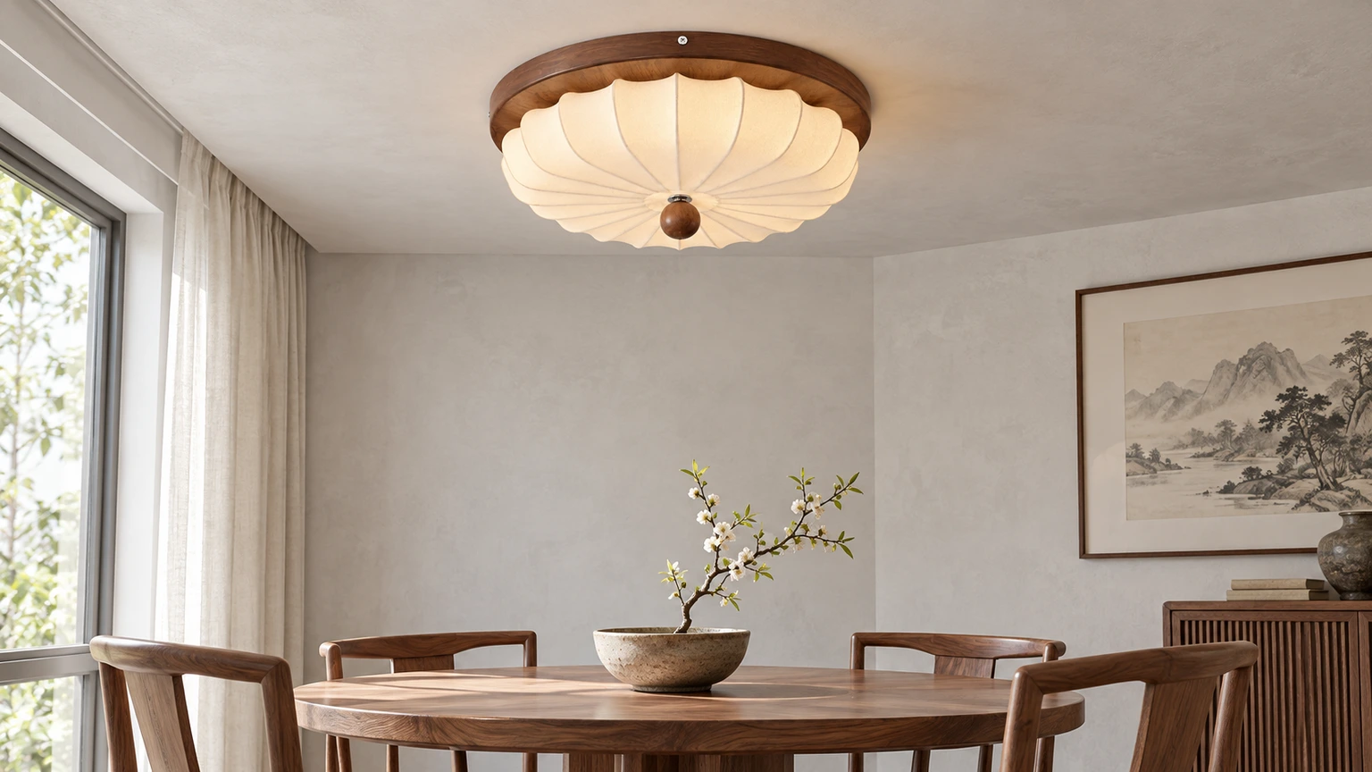 Nora fabric flush mount ceiling light in a neutral dining room