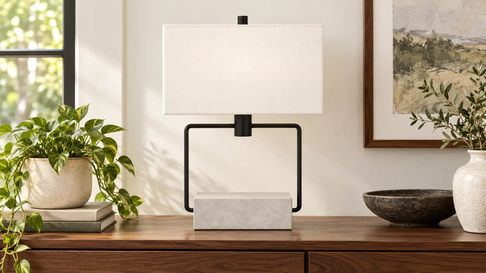 Fabric and metal table lamp centered on a wood console