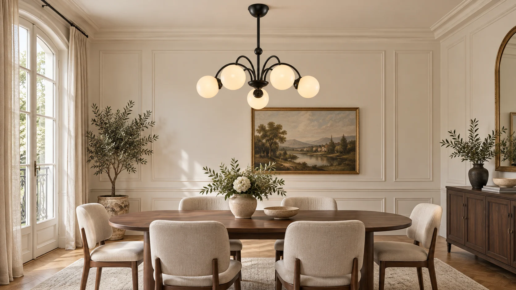 Black glass globe chandelier above a French-vintage dining table