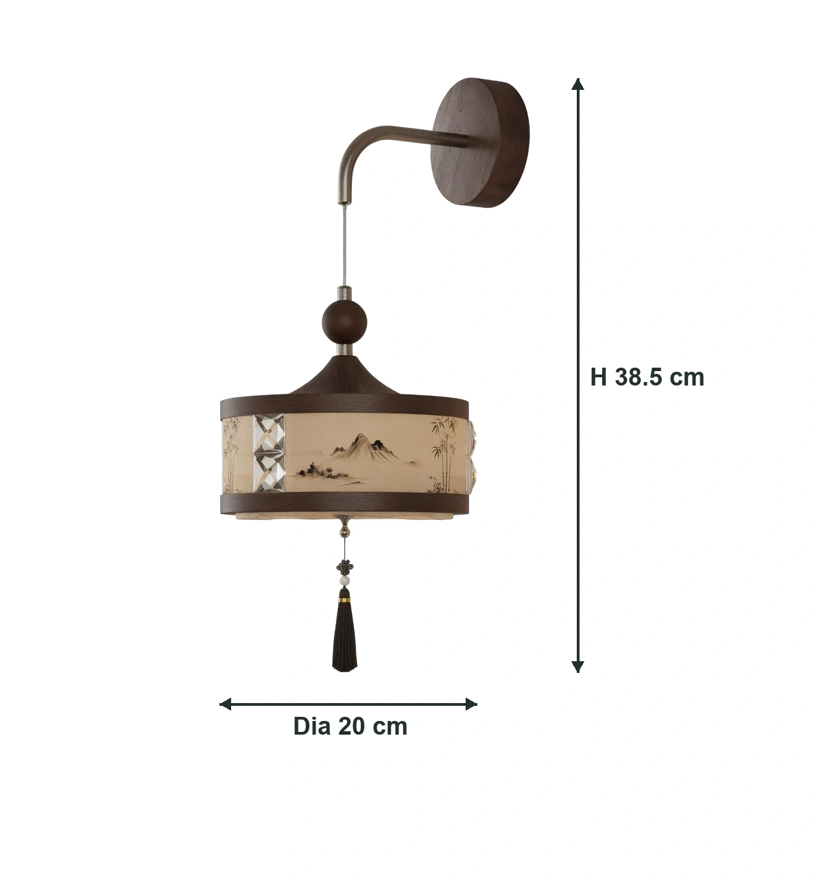 Wall sconce dimensions: shade diameter 20 cm and overall height 38.5 cm