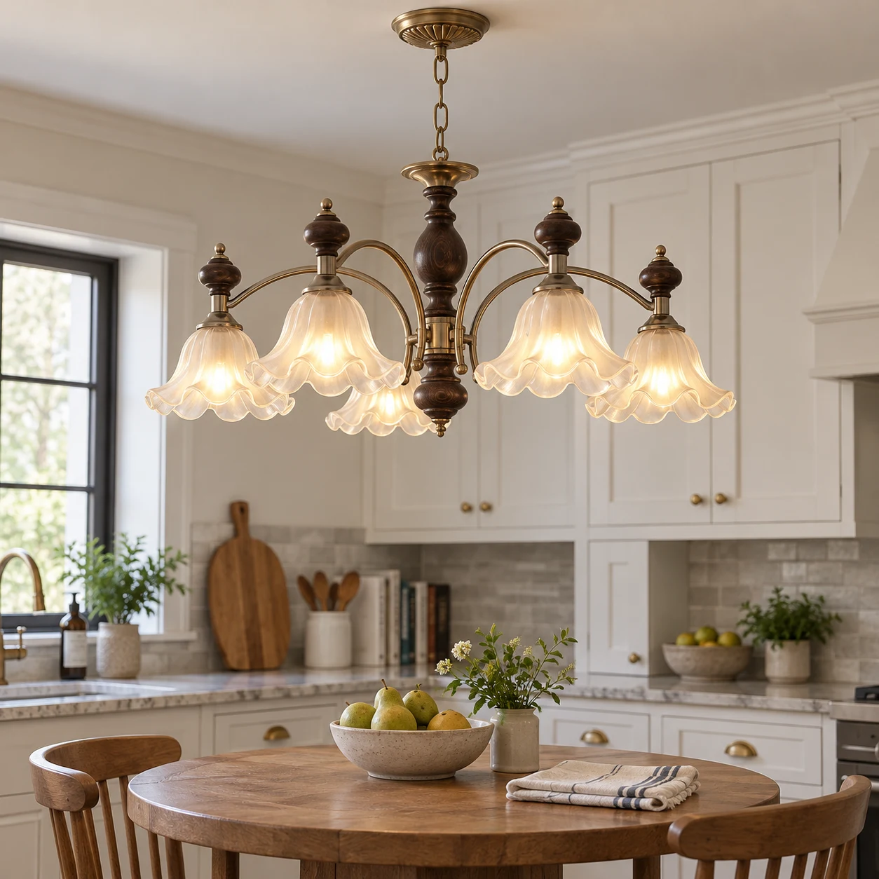 Compact wood and glass chandelier above a breakfast table