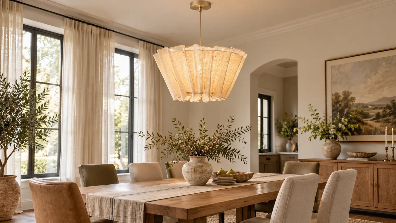 Milo woven fabric pendant over a dining table
