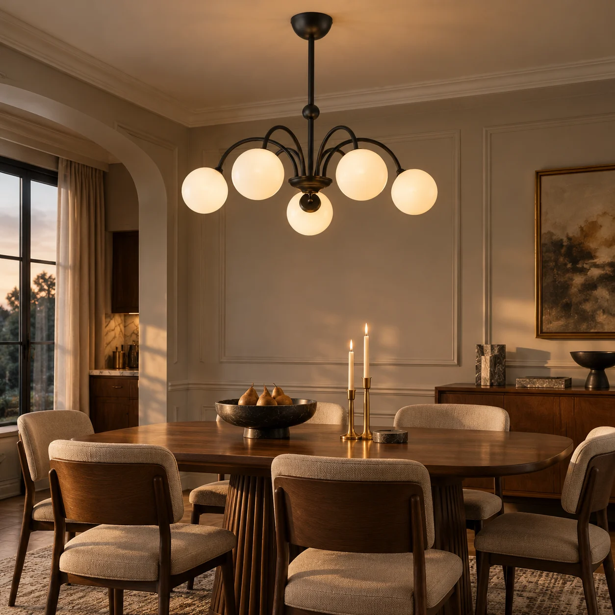 70 cm black glass globe chandelier above a dining table