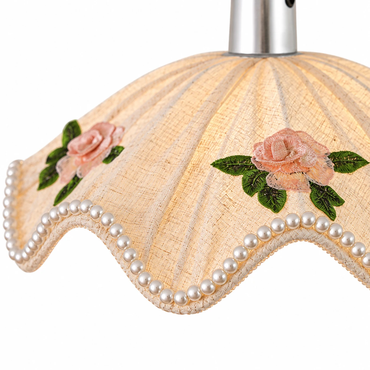 Embroidered floral fabric shade with pearl scalloped edge