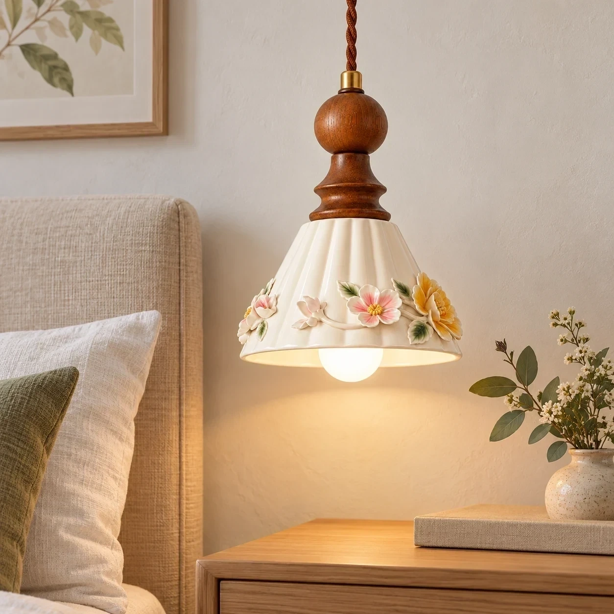 Vintage Floral Ceramic and Wood Pendant Light beside a bed