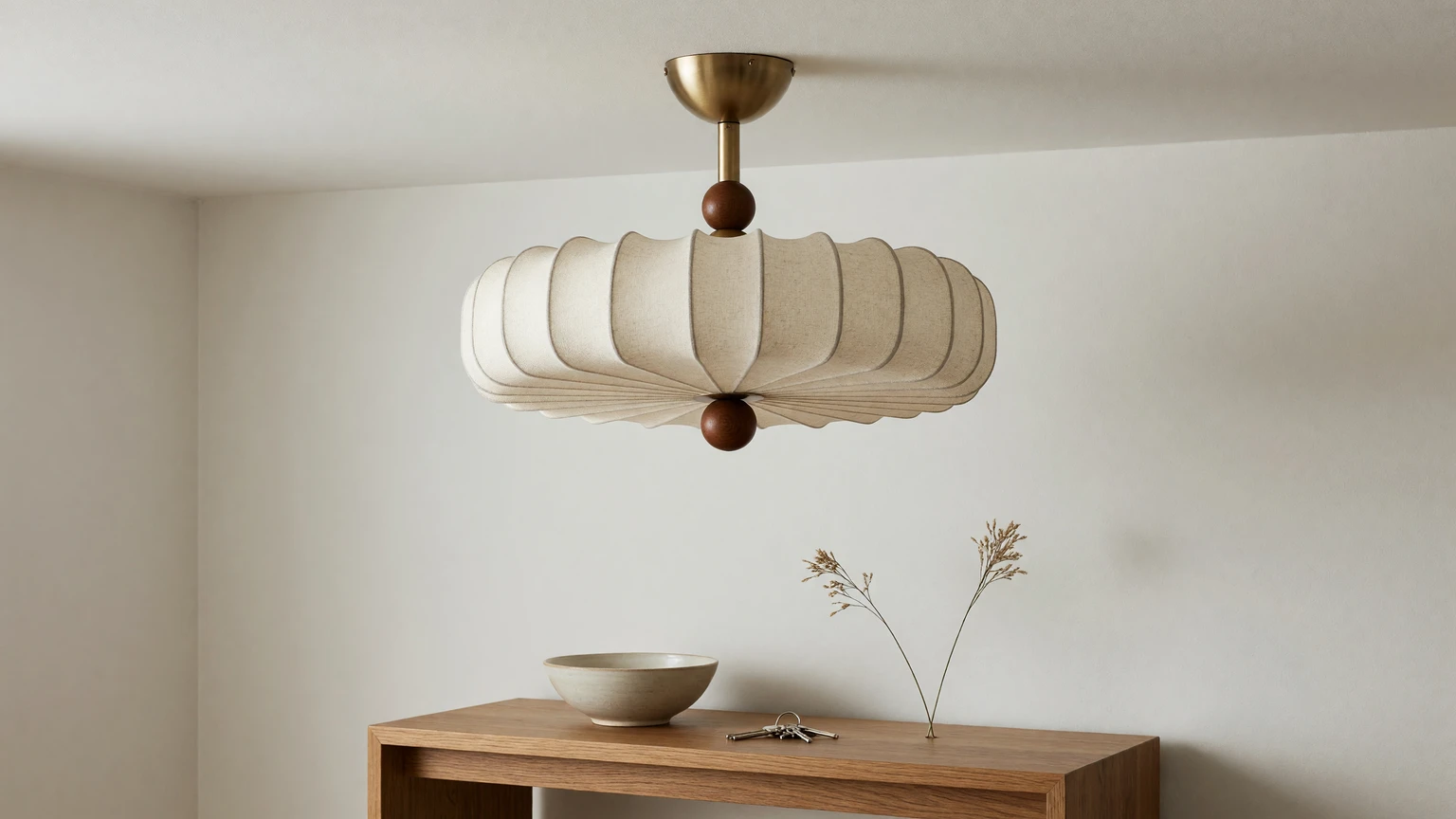Wushlp Vintage Premium Fabric and Metal Flush Mount Ceiling Light installed in a bright bedroom hallway