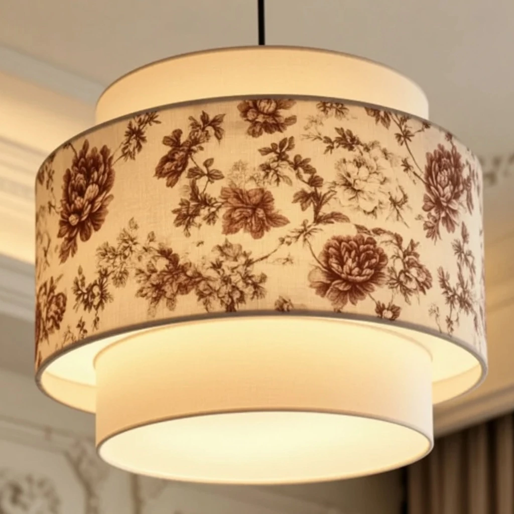 Close view of the brown floral print on the cream fabric shade