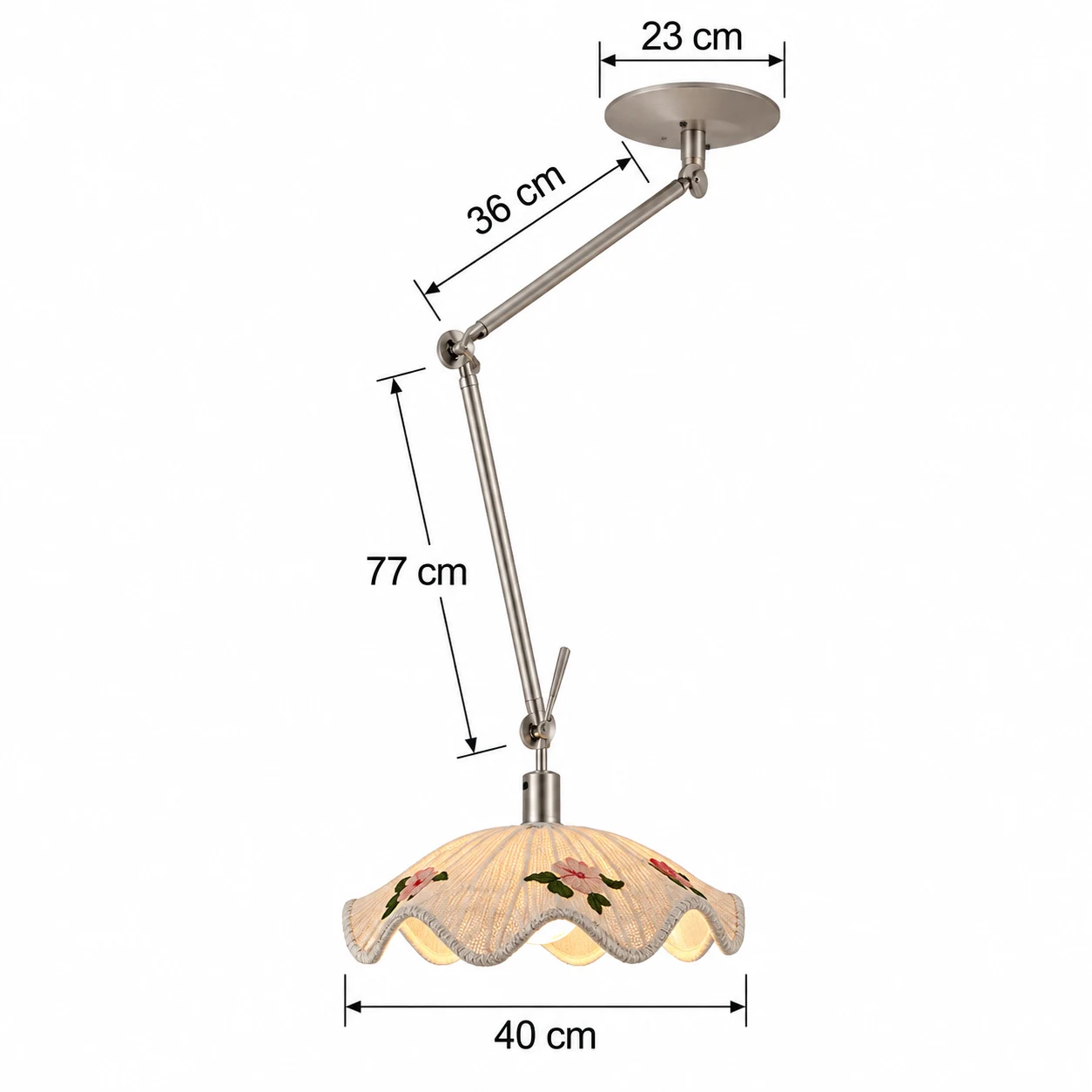Swing arm pendant dimensions: 40 cm shade, 23 cm canopy, 36 cm upper arm, 77 cm lower arm