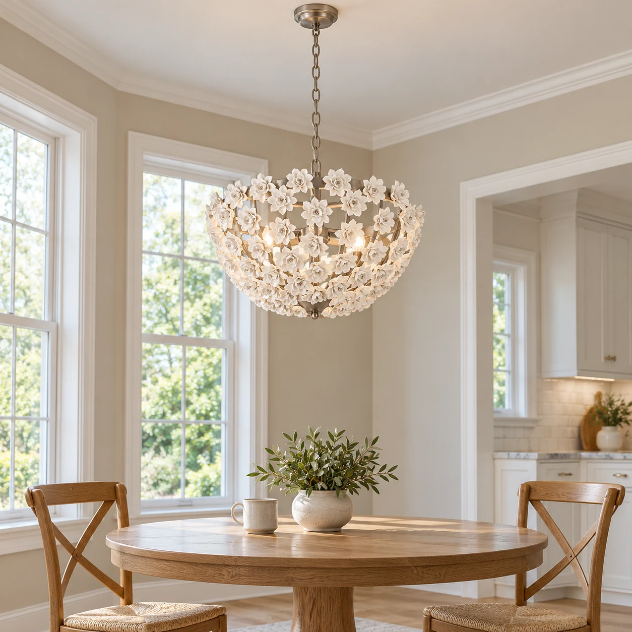 Silver floral bowl chandelier above an American breakfast table