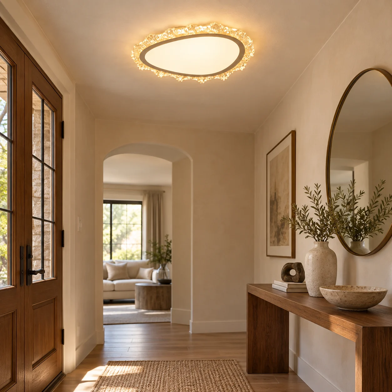 Aurora flush mount in a warm American entry