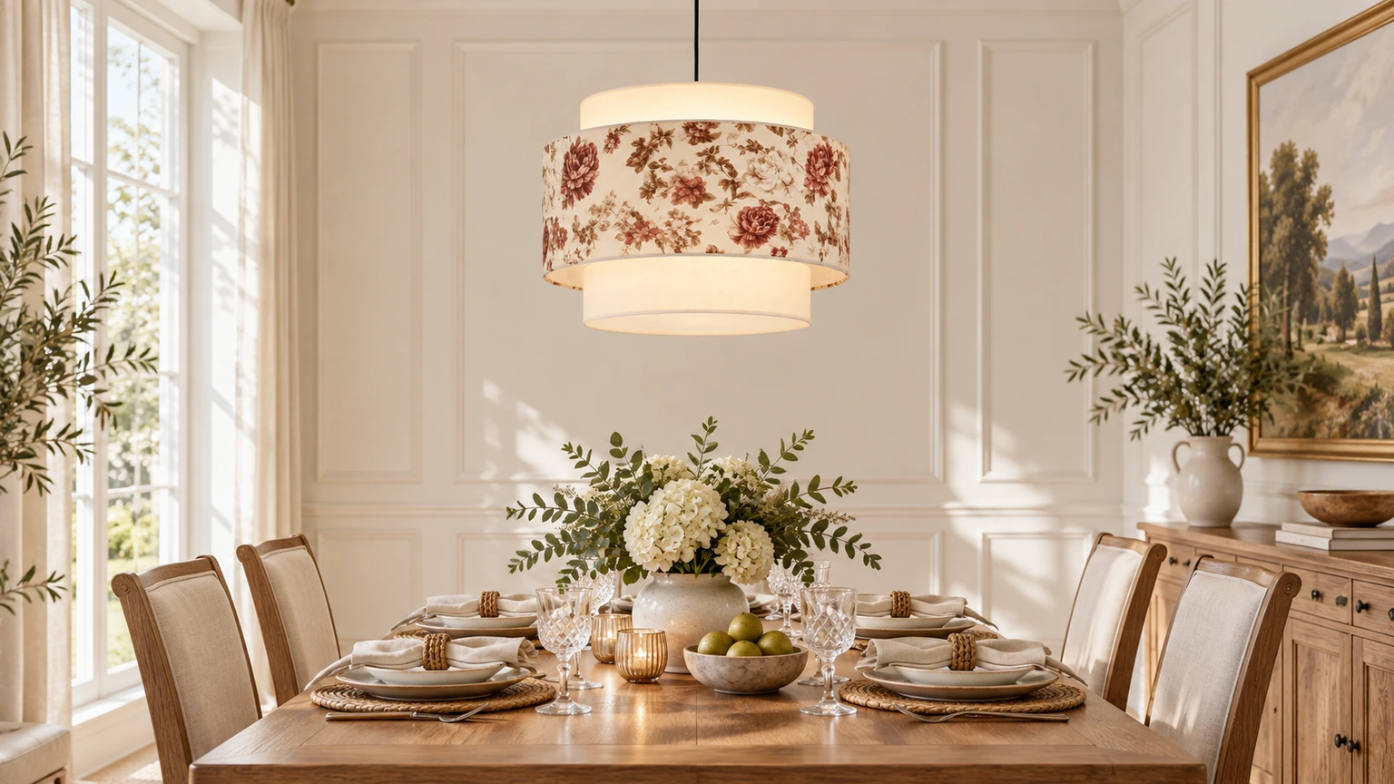 Mina floral fabric pendant light centered over a dining table