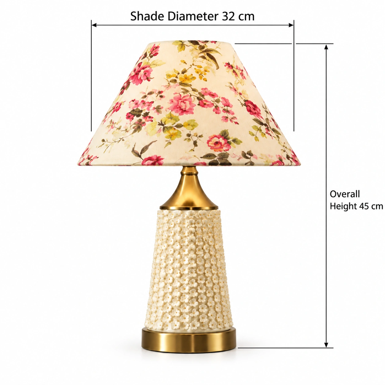Clara table lamp dimensions: overall height 45 cm, shade diameter 32 cm