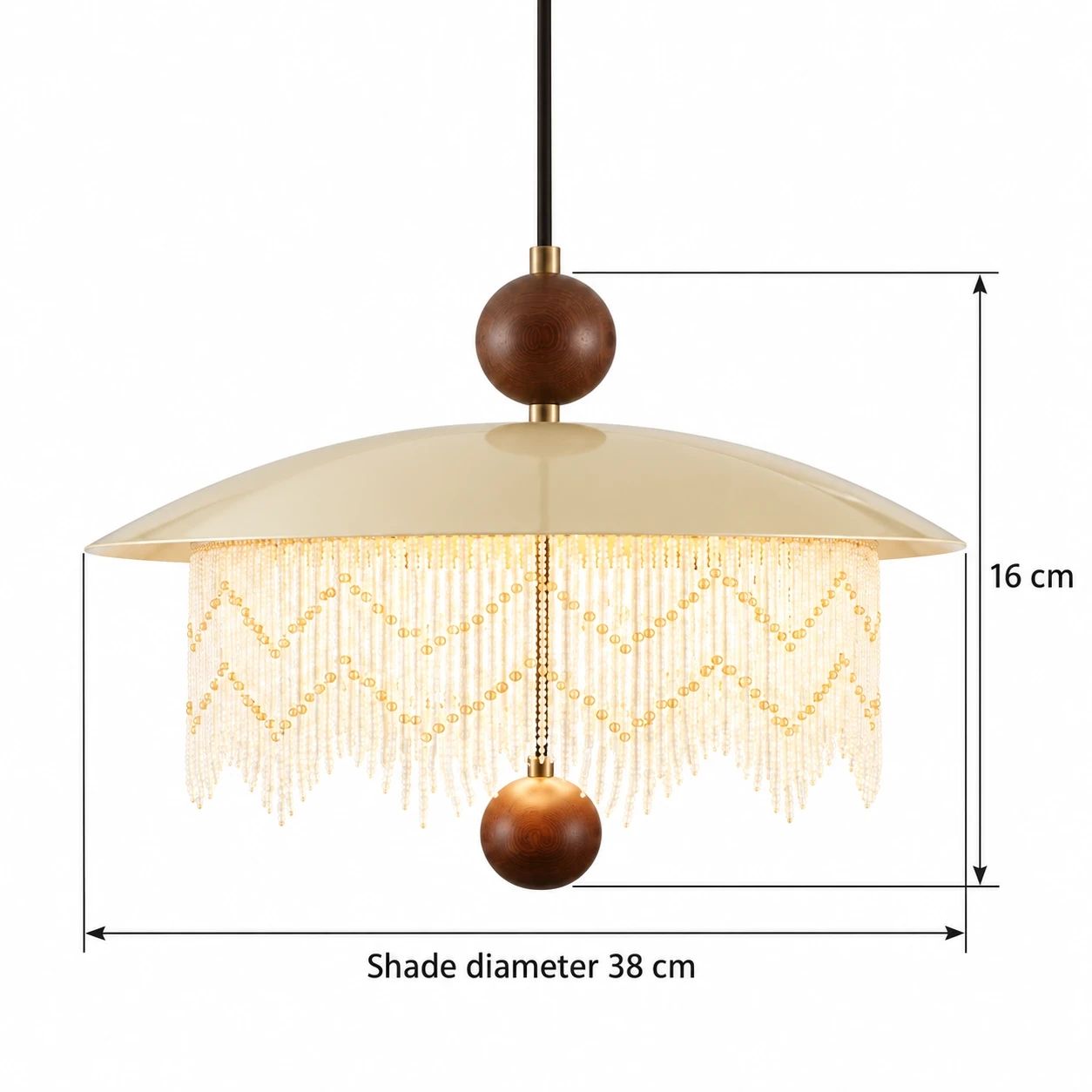 Dimension diagram: shade diameter 38 cm, fixture height 16 cm