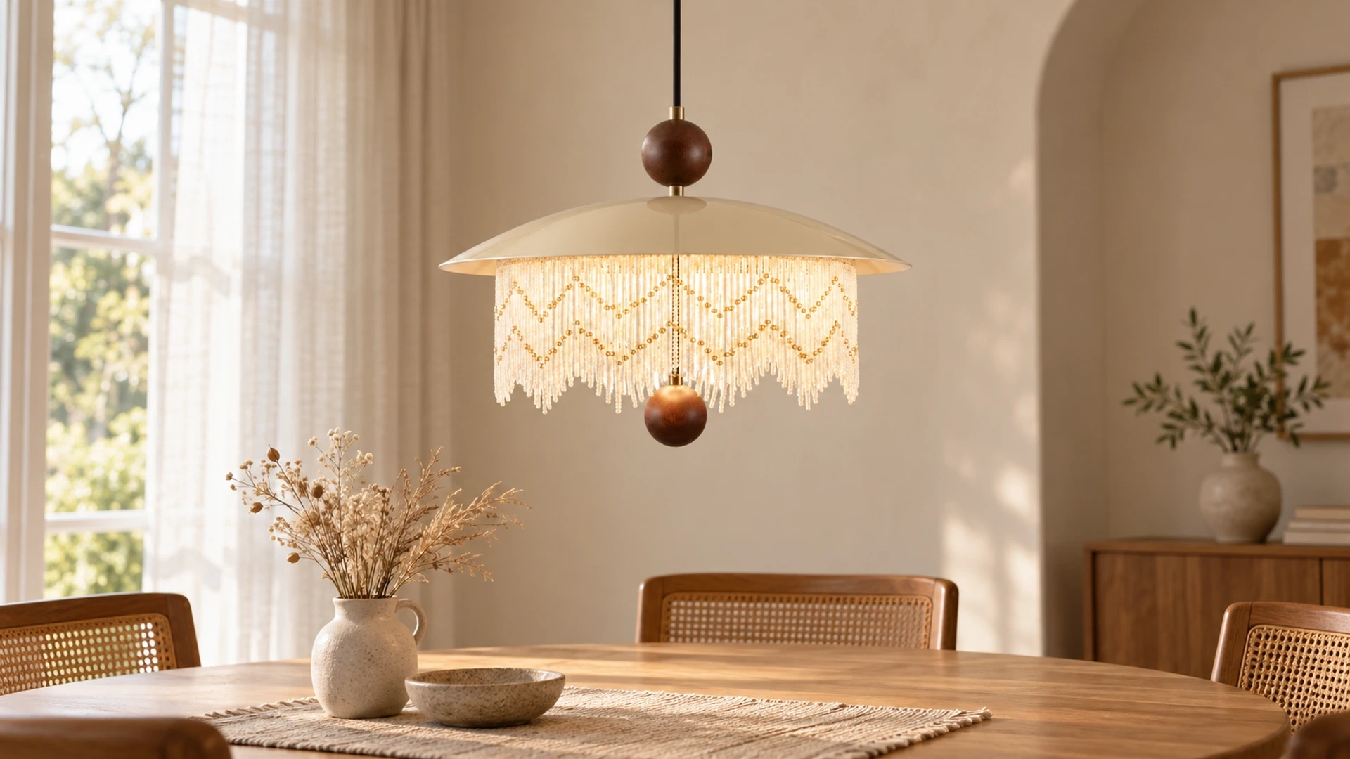 Bianca Mid-Century Fringe Wood Pendant Light above a dining table