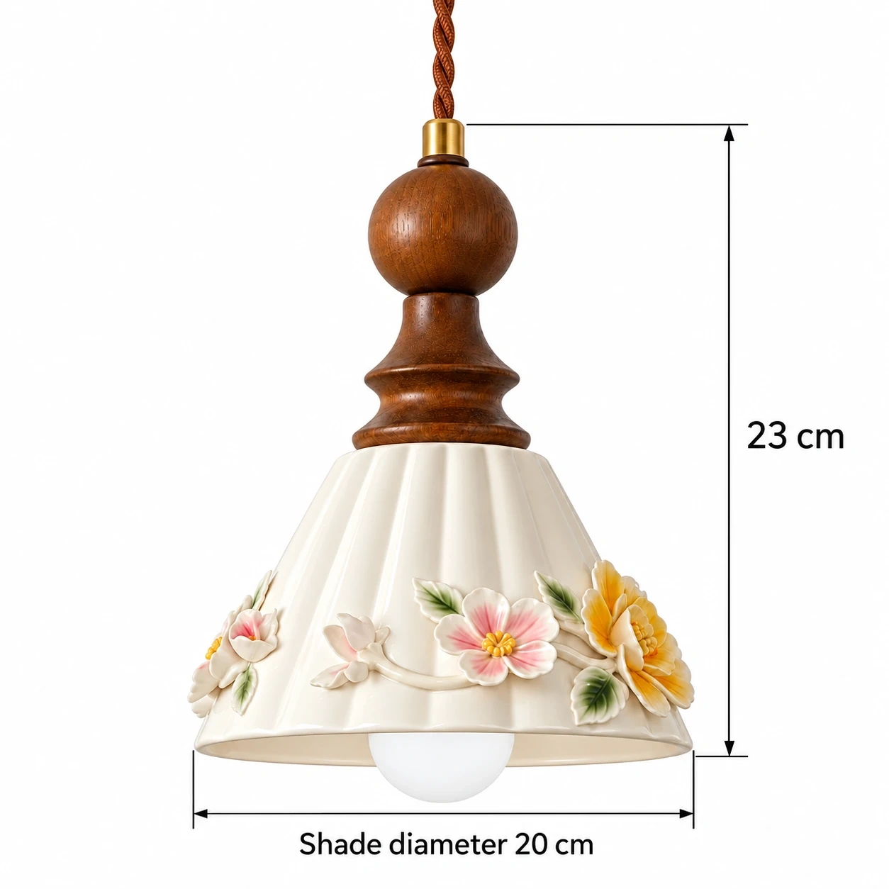 Dimension diagram: fixture height 23 cm, shade diameter 20 cm