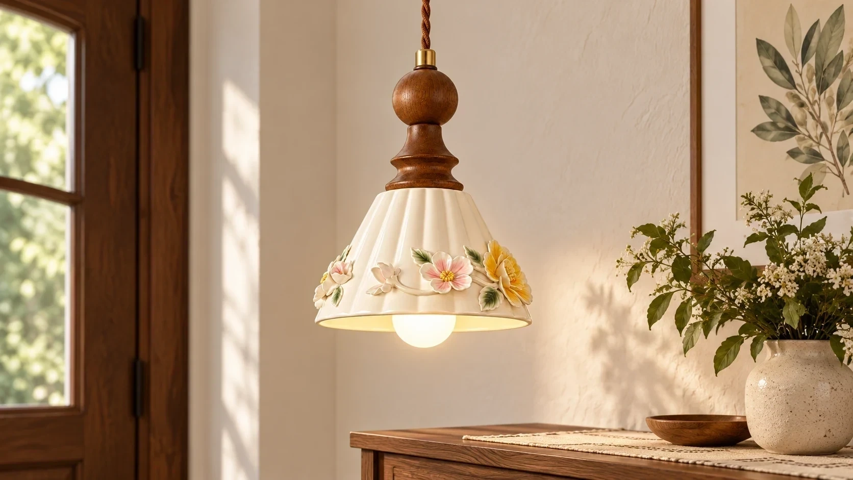 Vintage Floral Ceramic and Wood Pendant Light in a bright interior