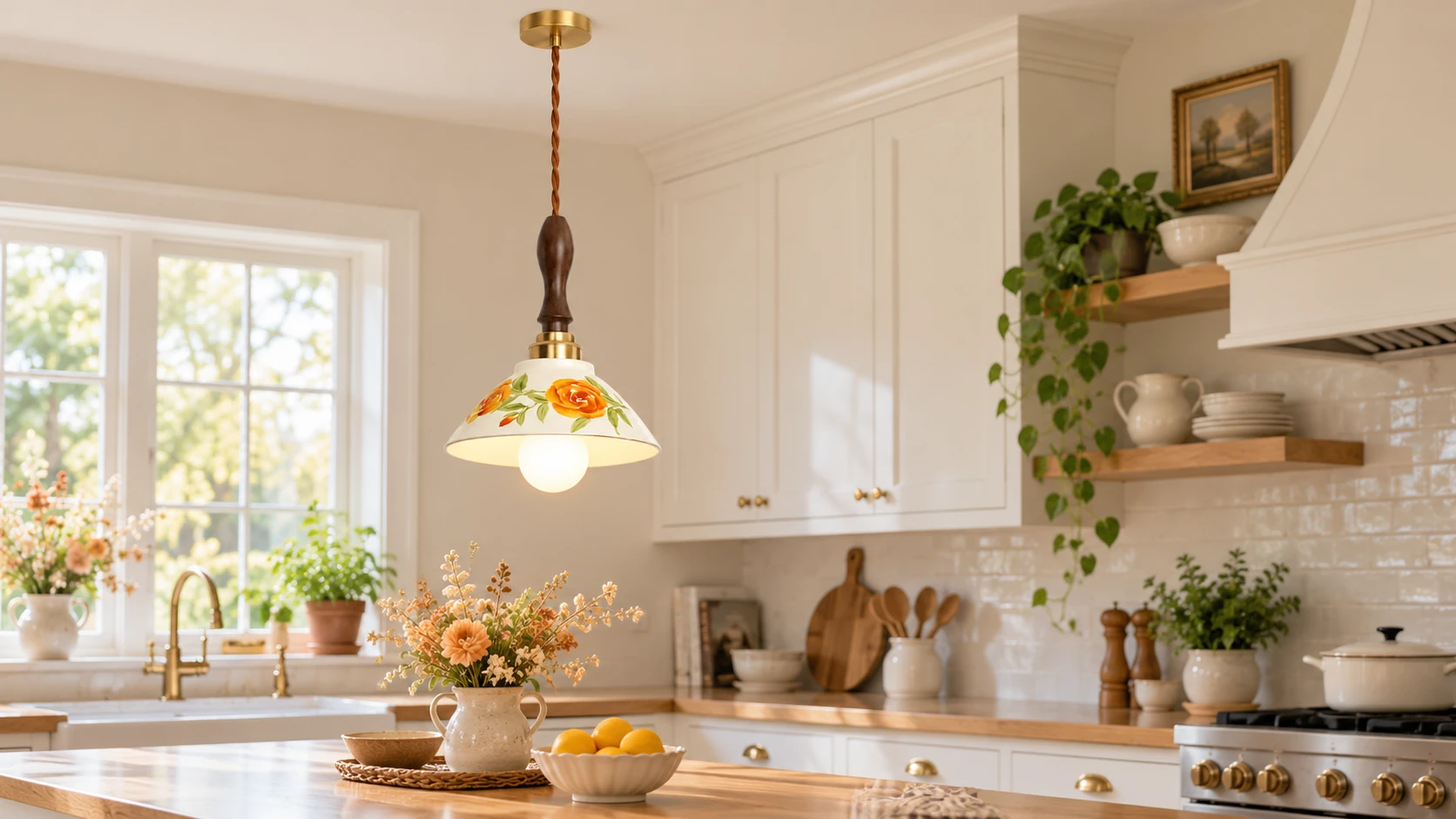 Elise peony ceramic pendant over a French-cottage kitchen island