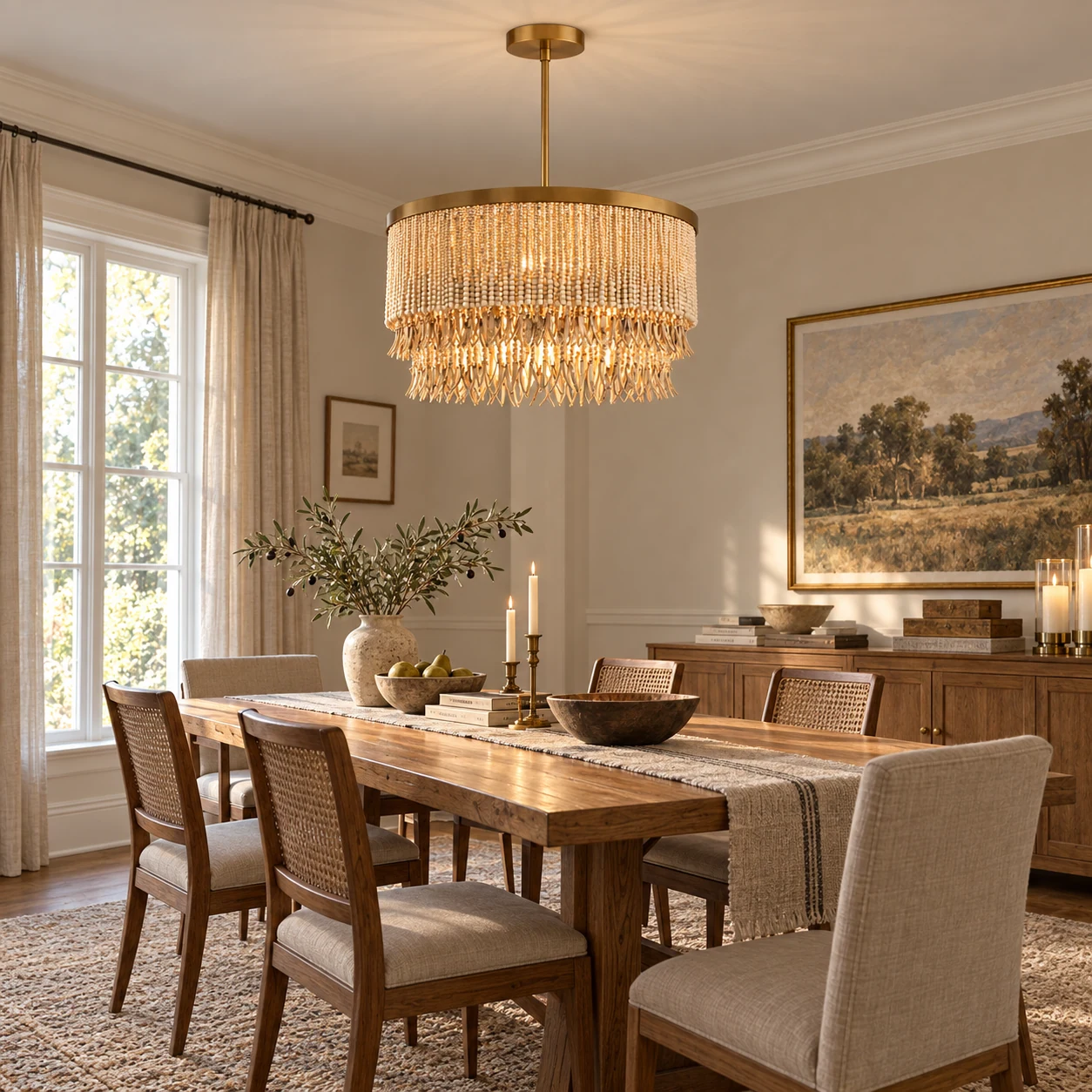 Liora cascading wood-bead chandelier over a dining table in natural finish