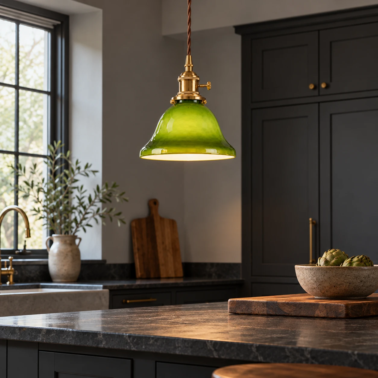 Green glass pendant lamp over a charcoal kitchen island