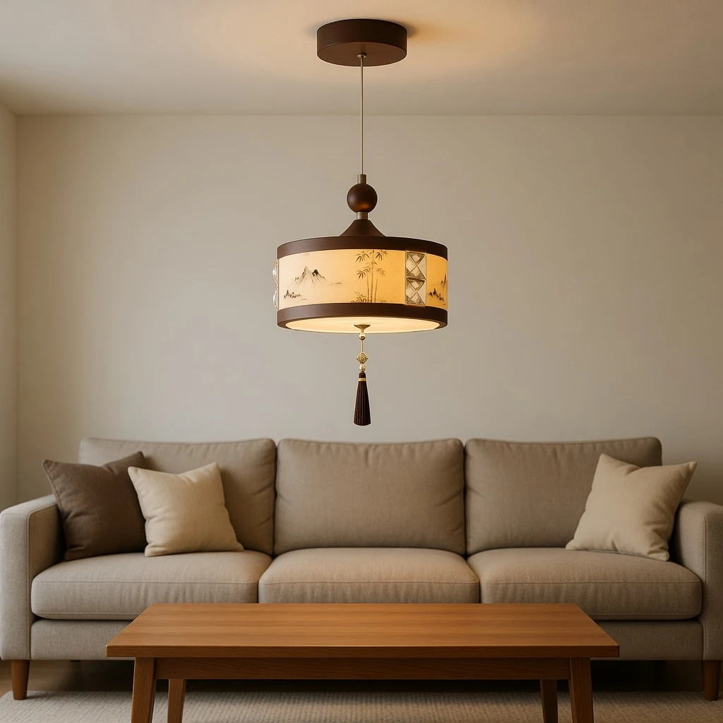 Small mini pendant high above a living-room coffee table