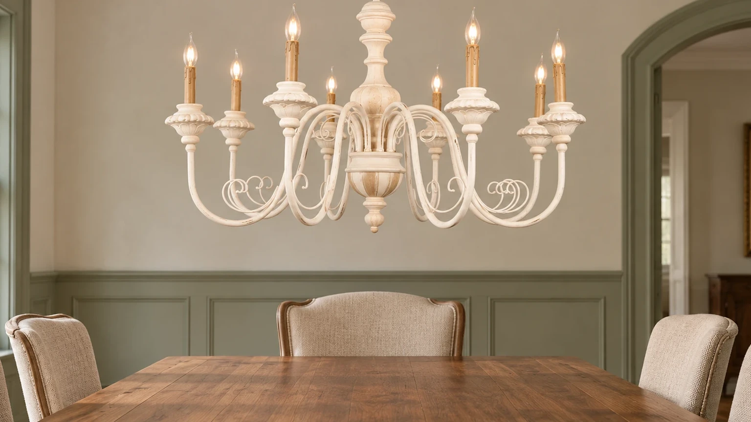 Elise American Vintage Carved Wood Chandelier in an American Rustic interior