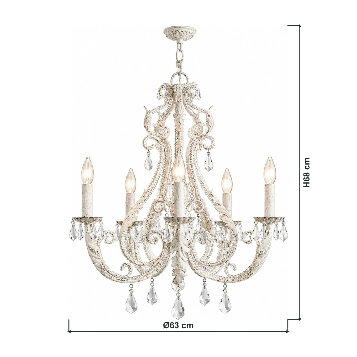 5-Light Camille chandelier dimensions: Ø63 cm × H68 cm, with dimension lines connected to the product outline