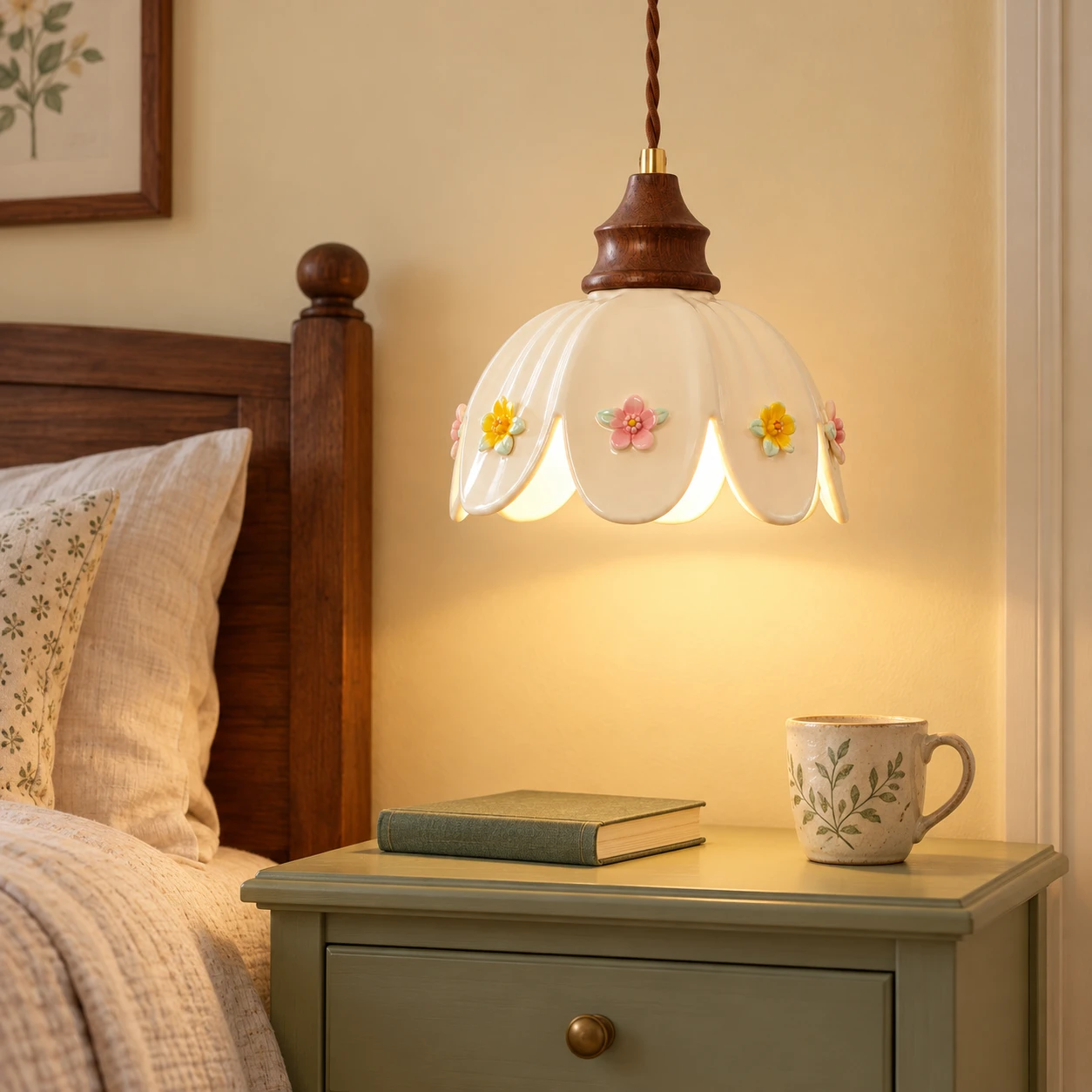 Adeline ceramic pendant light beside a bed