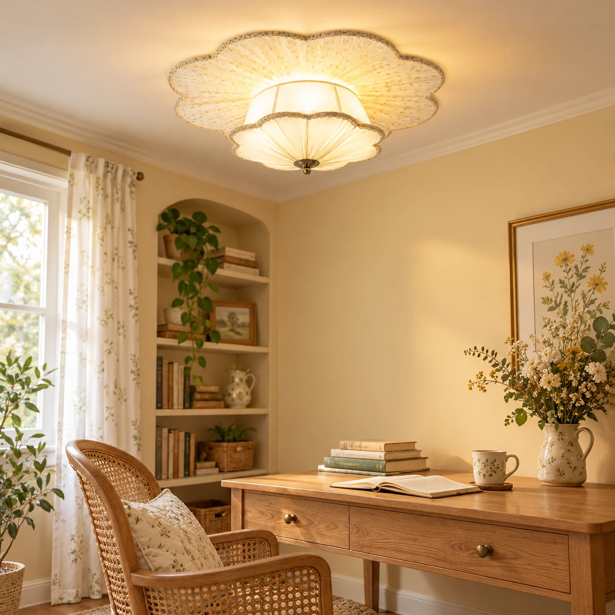 Elise floral fabric ceiling light above a rattan study desk